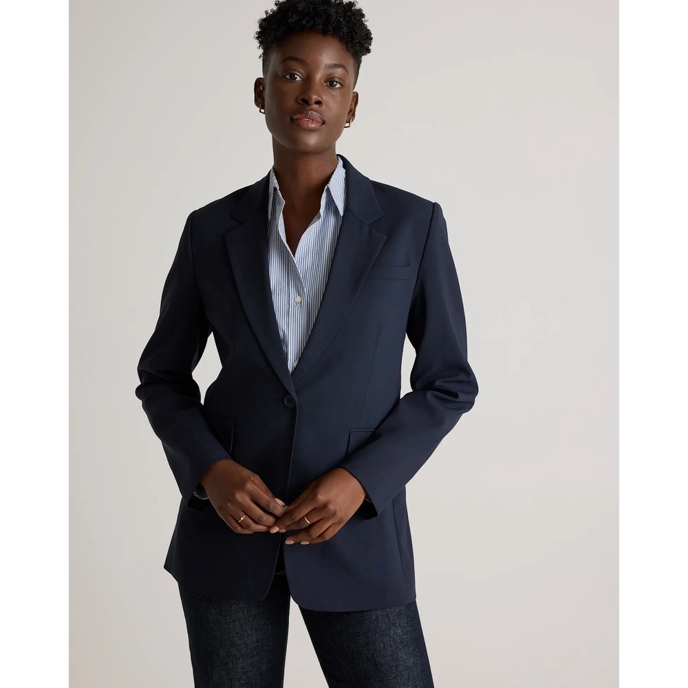 Quince Women Size XL Long Blazer Navy Blue Italian Virgin Wool Single Button NWT